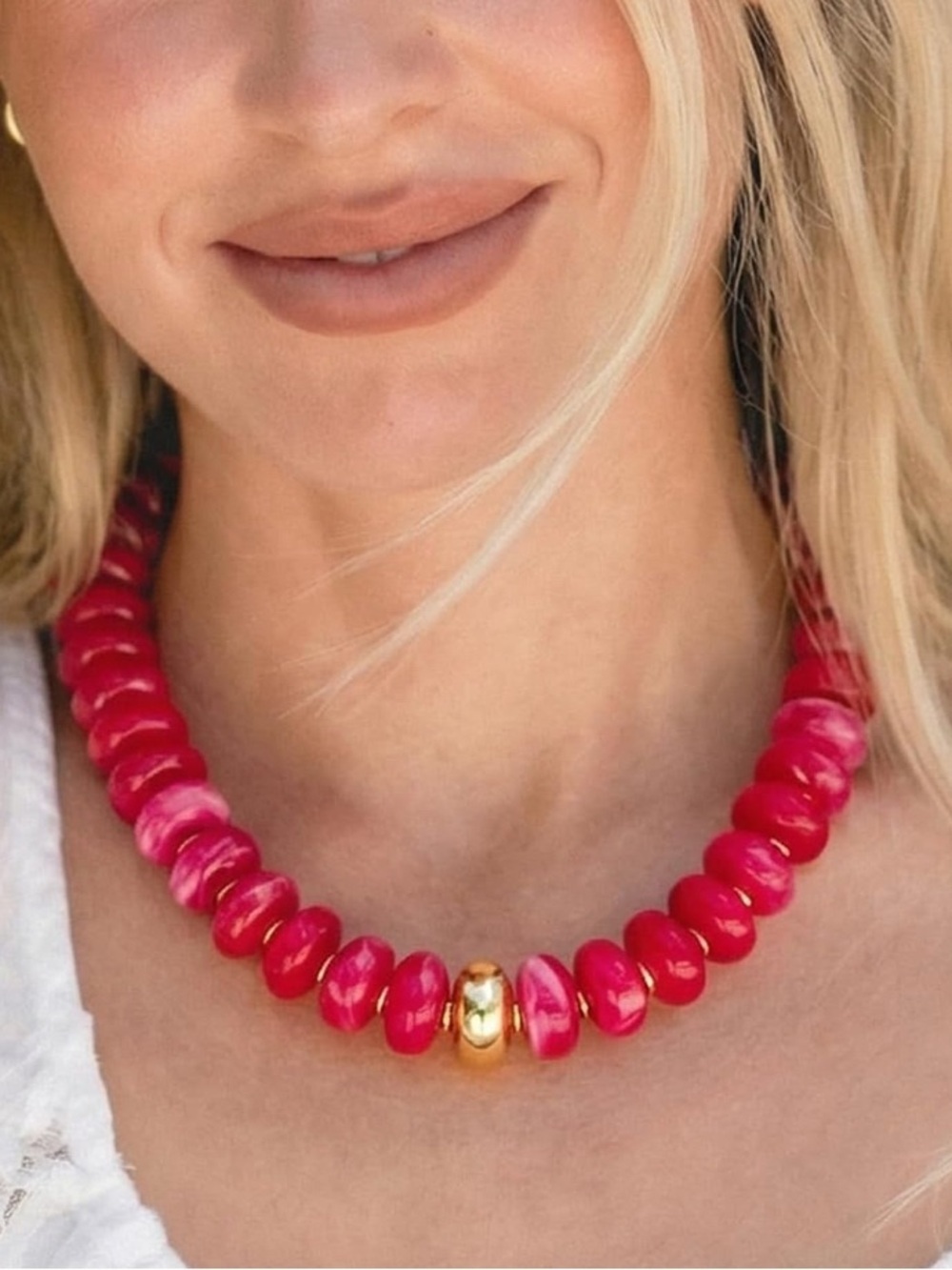 New! Bold Pink Marbled Bead Necklace